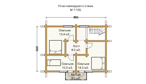 Mansard floor plan of a pine house 112.1m²
